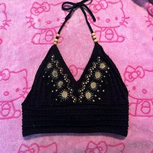 Black and Gold Embroidered Halter Top